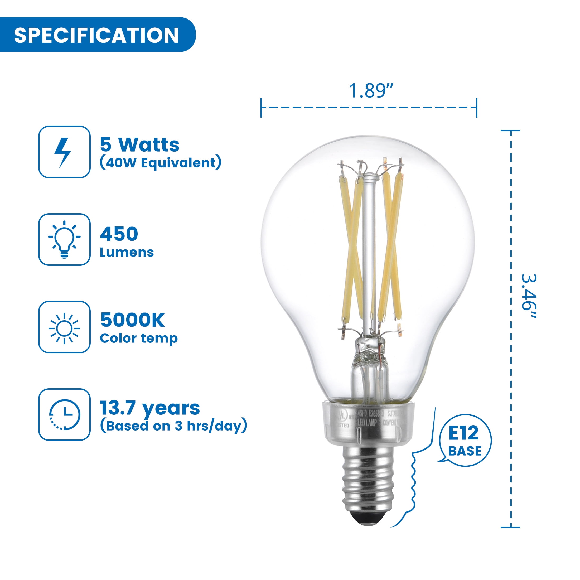 Great Value LED Ceiling Fan Bulb 5W (40W Equivalent) Daylight A15 with E12 Base Dimmable, 2 Pack CA