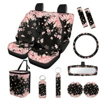 Jeiento Pink Cherry Blossom Car Interior Accessories Full Set Car Seat Covers Steering Wheel Seat Belt Covers Car Trash Can Coasters Rear View Mirror Covers Keychains Lipstick Covers Set of 13