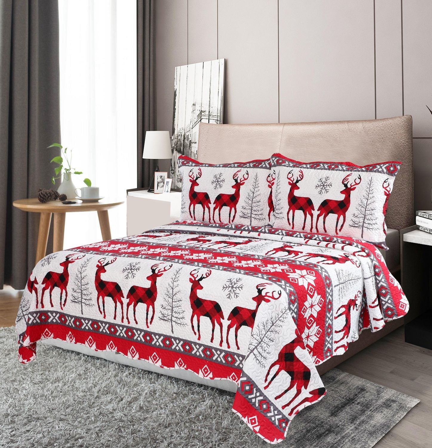 Marina Decoration Rich Printed Embossed Pinsonic Coverlet Bedspread Ultra Soft Bedding Summer Christmas Quilt Ensemble avec taies d'oreiller, motif flocon de neige de Noël et cerf