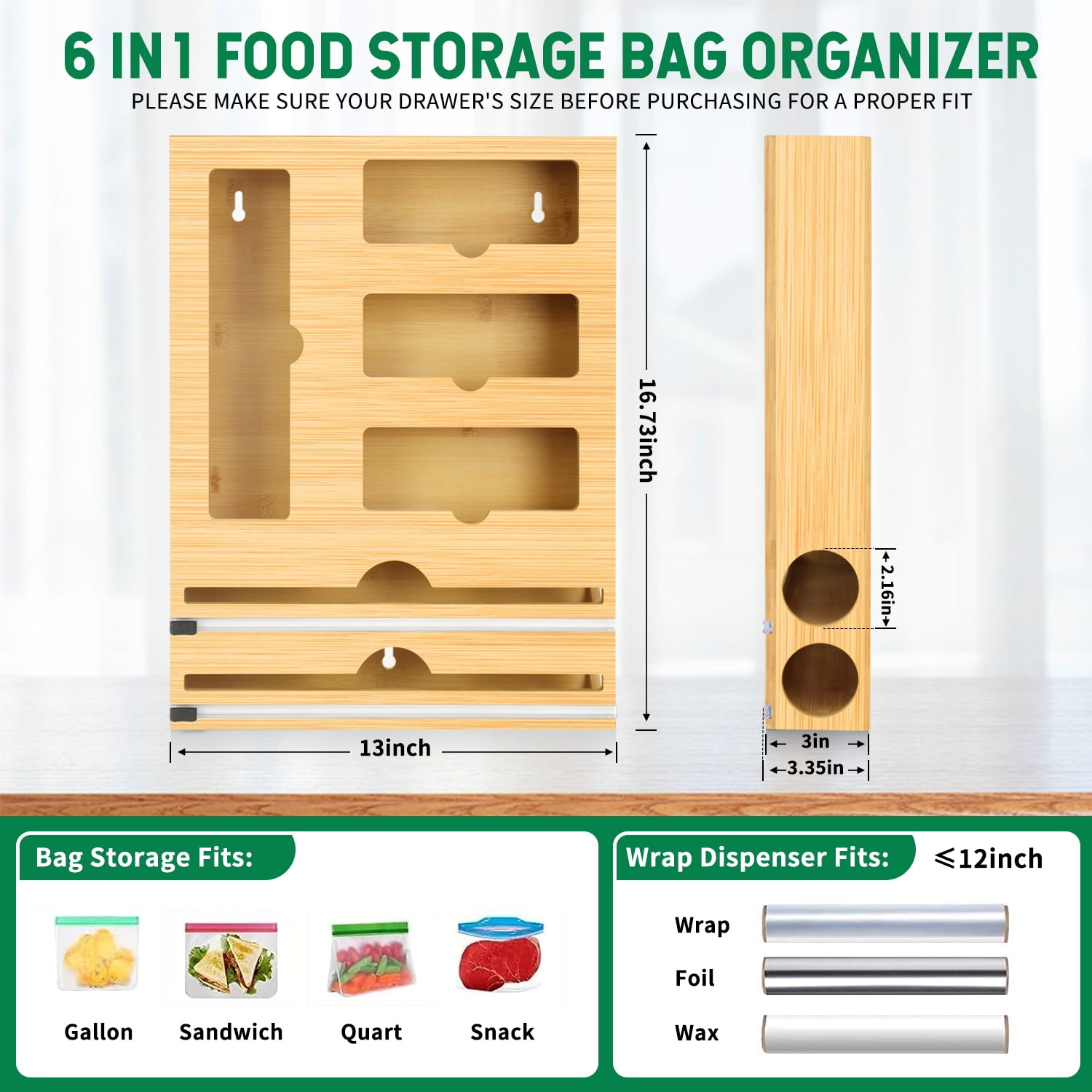 Ziplock Bag Storage Organizer for Kitchen Drawer & Wrap Dispenser with Cutter, 6 in 1 Bamboo Organizer Compatible with 12" Aluminum Foil Roll, Suitable for Gallon, Quart, Sandwich Bags, Roll etc