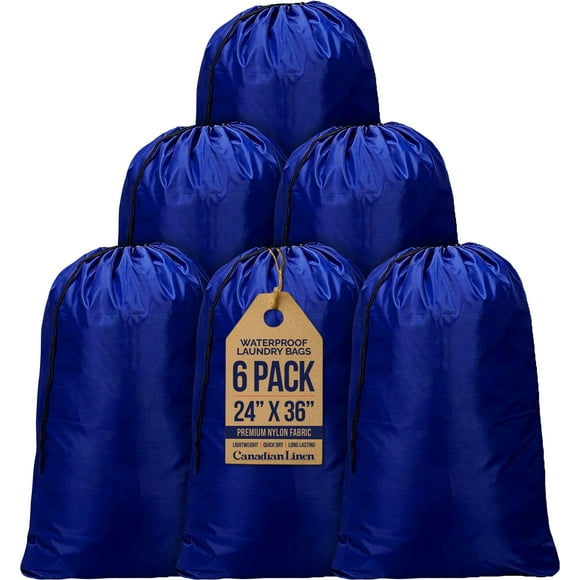 Canadian Linen Sacs à Linge en Nylon, 24"x36 Pouces, Lot de 6, Organisateur de Vêtements à Cordon, Tissu Imperméable, Sac de Rangement Durable, Panier, Bleu