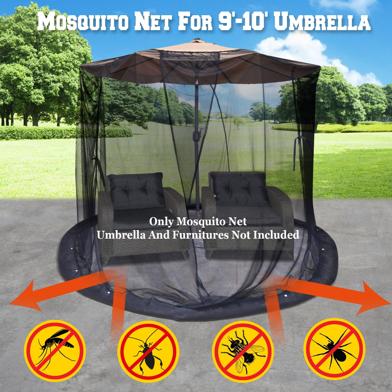 Black SOOSPE-MZ 10 Feet Mosquito Net for Patio Installed in Square Patio Umbrella Water Injection Type Wind and Mosquito Net