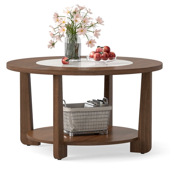 Gymax Round Coffee Table w/ 2-Tone Tabletop & Open Storage Shelf Wood Support Legs