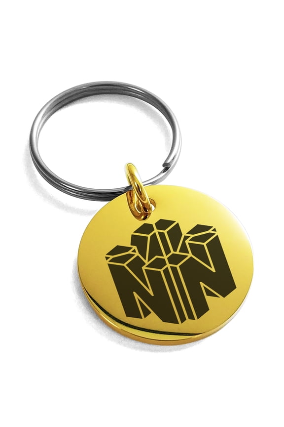 Stainless Steel Letter N Initial 3D Cube Box Monogram Engraved Small Medallion Circle Charm Keychain Keyring