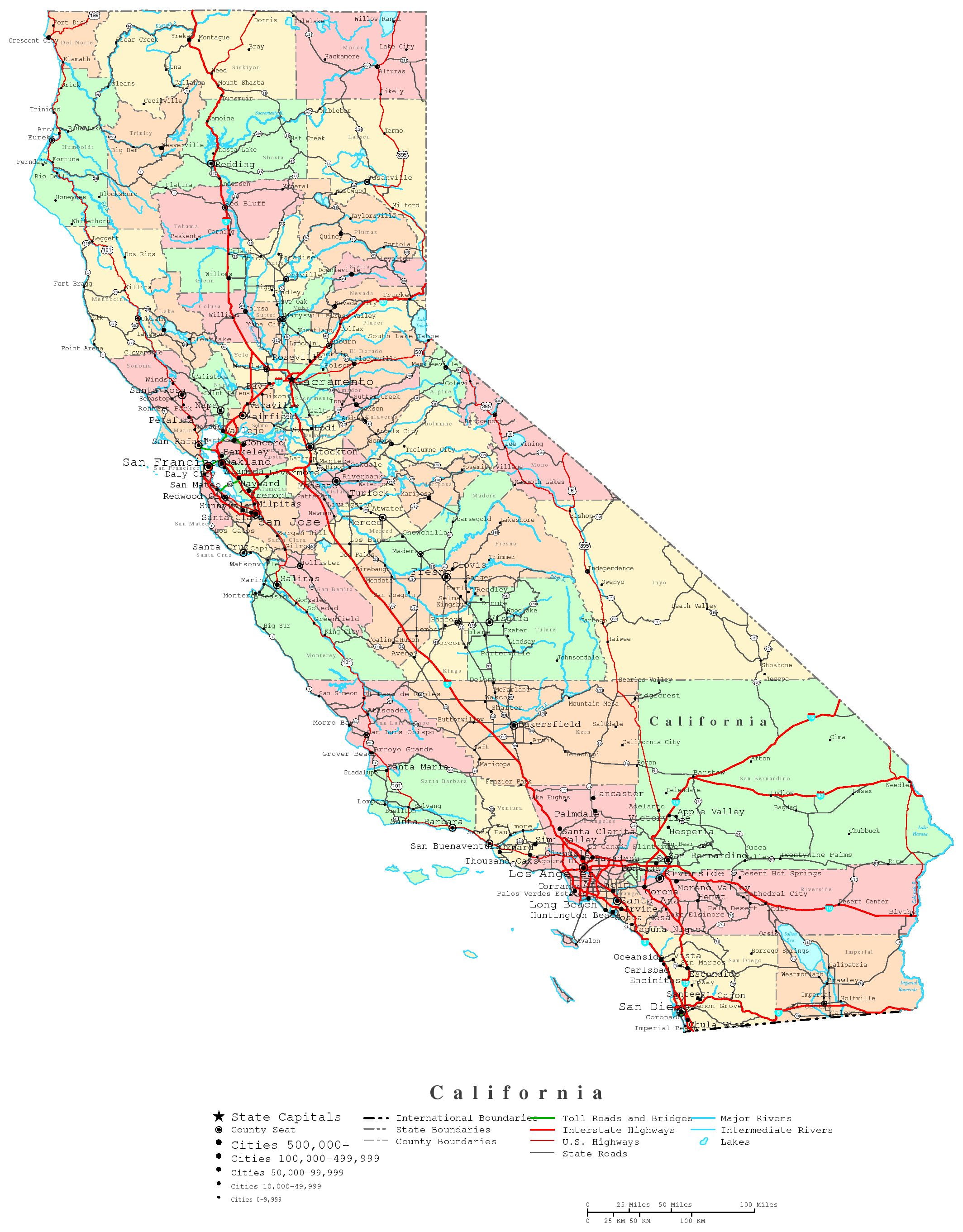 Laminated Map - Large Detailed Administrative Map Of California State With Roads, Highways And Cities Poster 20 X 30 - Walmart.com