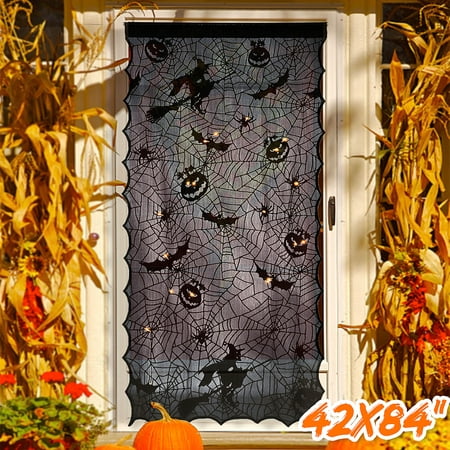 Halloween Black Lace Door Curtains Window Creepy Cloth With LED Lights String Spooky Gauze Witch Pumpkins Bats Cloth Halloween Party Decoration 42