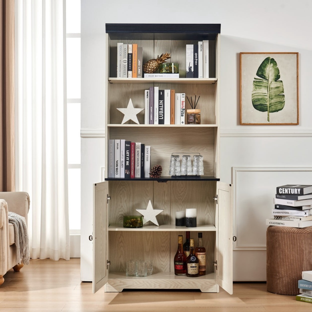70.86" Tall Storage Cabinet, 5 Tier Cube Display Bookshelf with Barn Doors, Adjustable Shelves, Freestanding Kitchen Pantry Cabinet, Farmhouse Bookcase for Living Room Bedroom, White