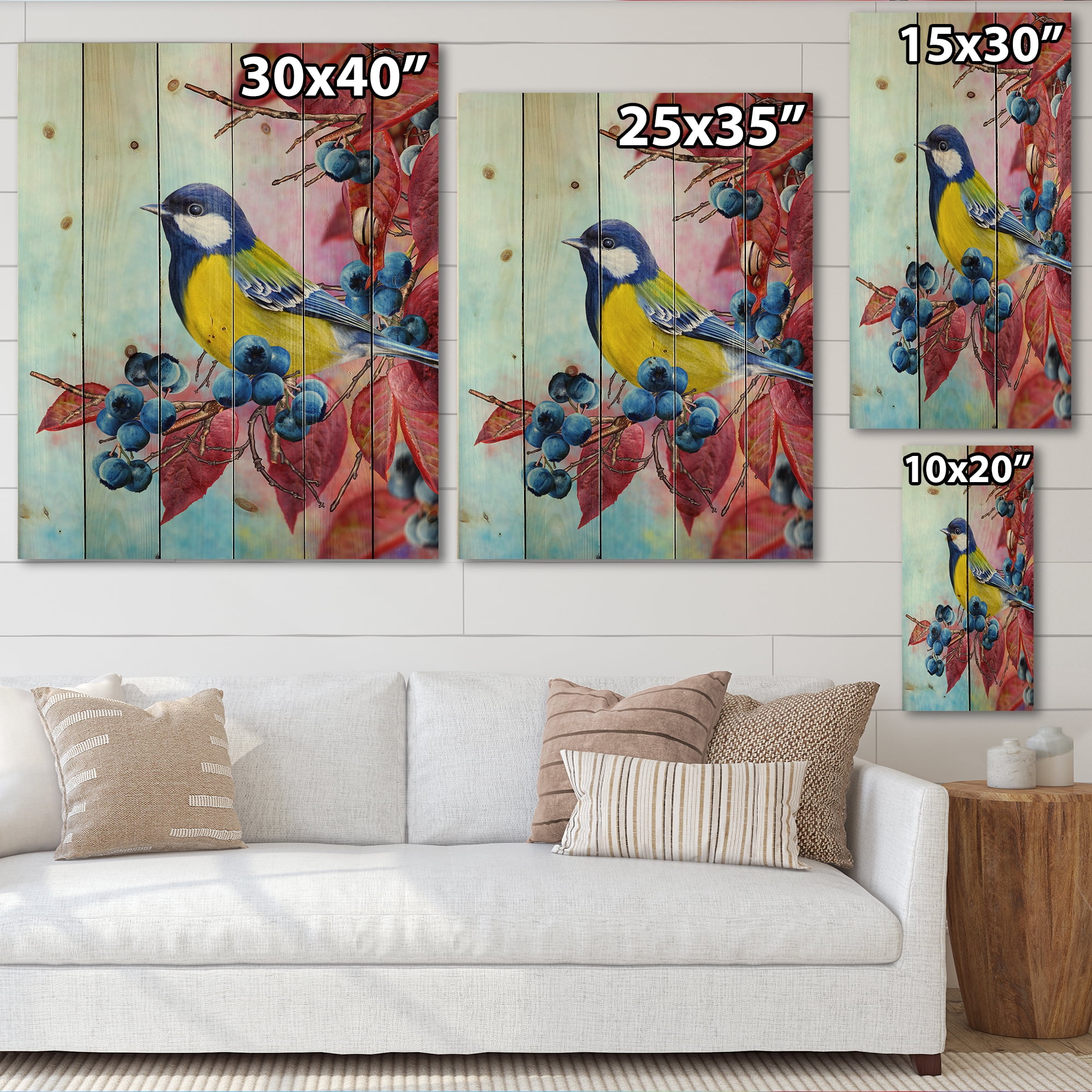 Designart 'Bright Bird Bullfinch Sitting On A Branch of Berries II' Traditional Print on Natural Pine Wood