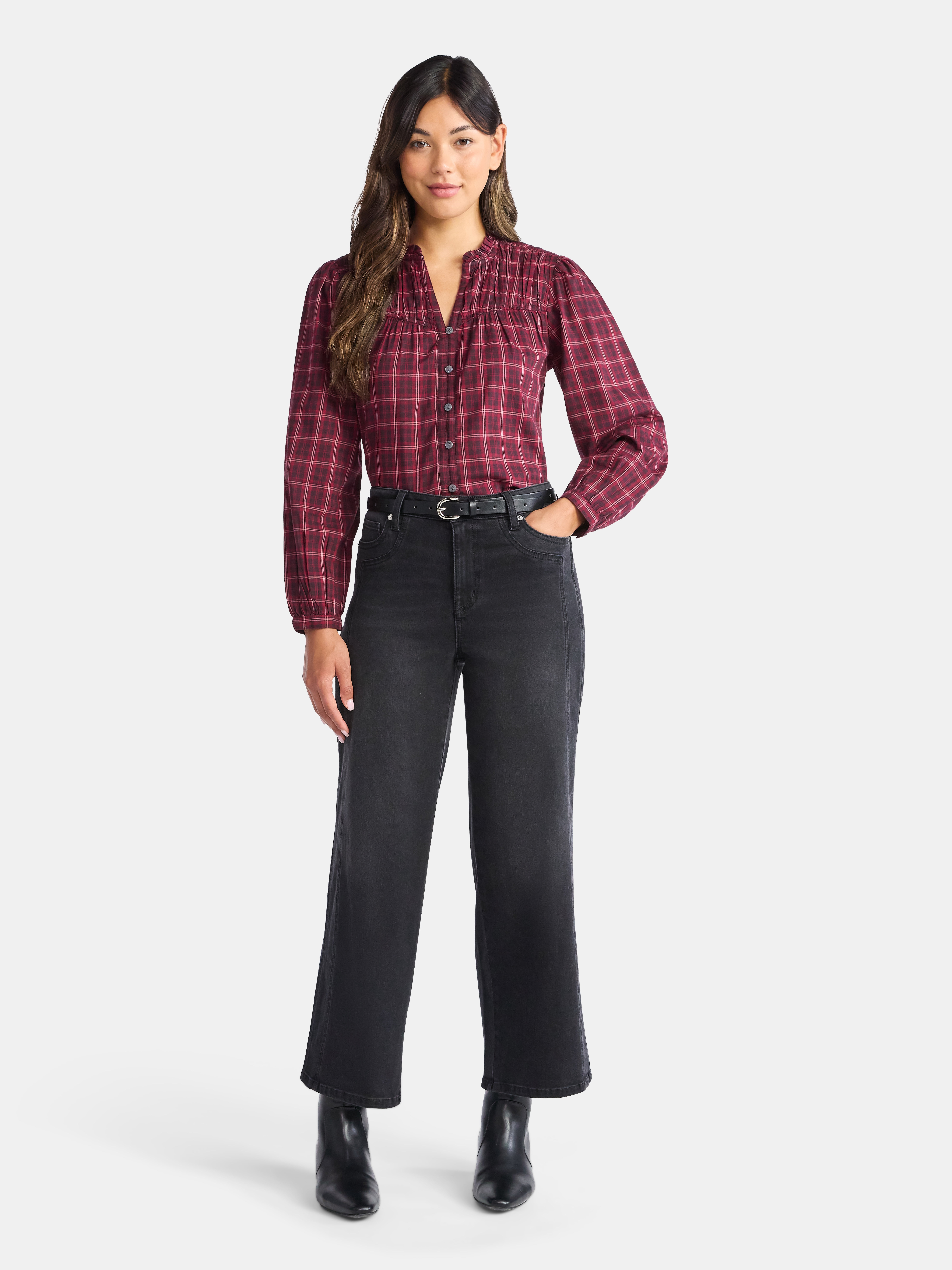 Time and Tru Women's Ruched Yoke Blouse with Long Sleeves, Sizes XS-XXXL