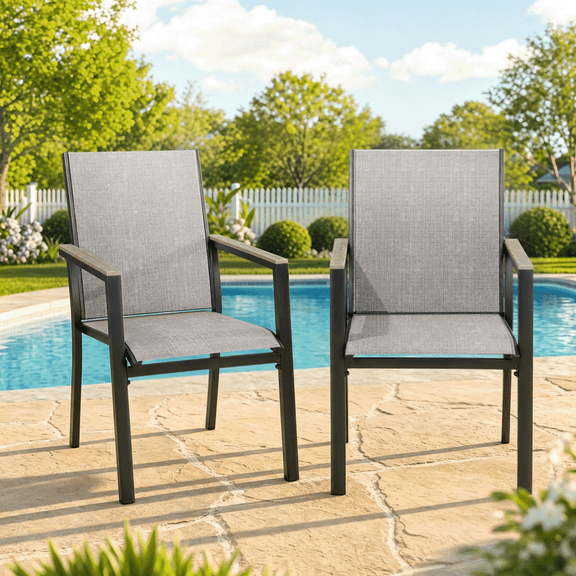 Outdoor Patio Dining Chairs Set of 2, Heavy Duty Double Outdoor Sling Chairs 350LBS with Grey Textilene Fabric, Comfortable Highback Patio Chairs with Armrests for Outside, Deck, Backyard, Garden