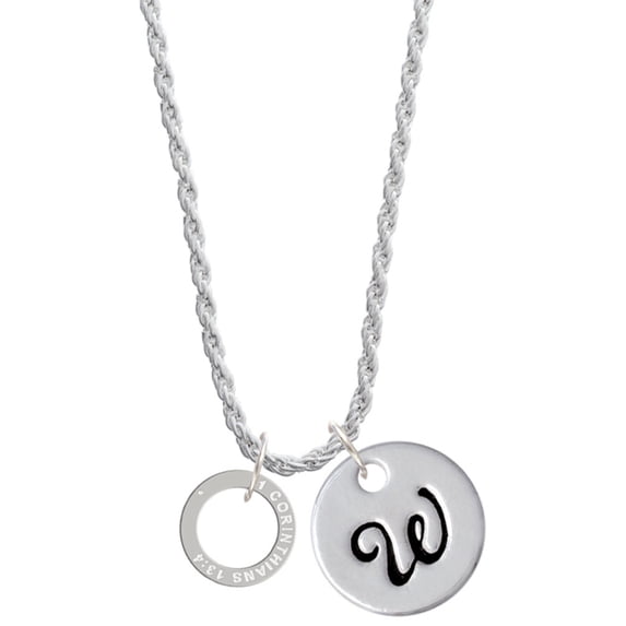 Delight Jewelry Silvertone Corinthians 13:4 Eternity Ring Silvertone Script Initial Disc - W - Charm Necklace, 20"+3"