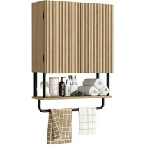 Fluted Bathroom Wall Cabinet with 2 Doors, 3-Tier Modern Farmhouse Medicine Cabinet, Over The Toilet Storage Cabinet with Adjustable Shelf and Towel Bar (Natural, Medium)