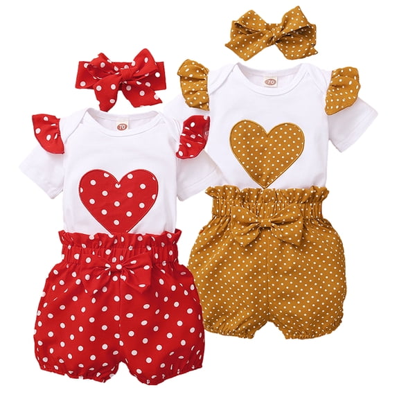 KYAIGUO 3PCS Infant Newborn Baby Girls Summer Heart Pattern Bodysuit Outfit Set Romper Jumpsuit with Ruffle Shorts Bottoms Headband 0-18M
