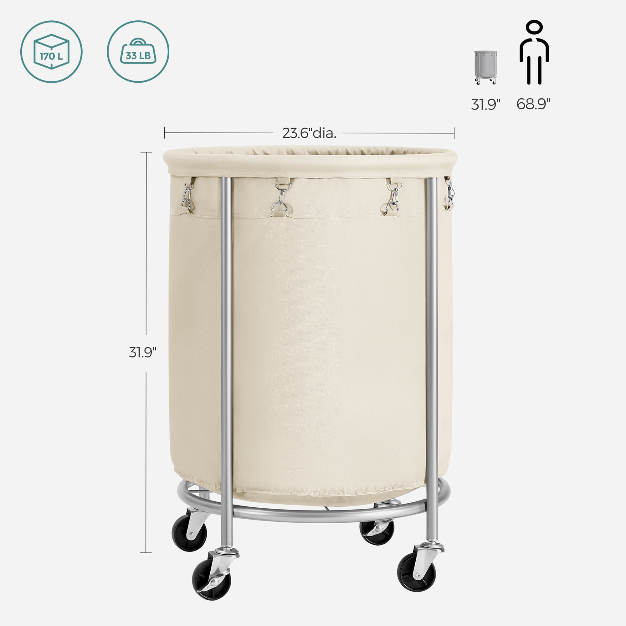 45Gal Round Laundry Sorter Laundry Hamper with Wheels Rolling Laundry Cart with Removable Bag for Laundry Room Cream and Silver