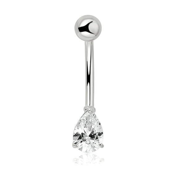 AVORA 10K White Gold Simulated Diamond CZ Pear-shaped Belly Button Ring Body Jewelry (14 Gauge)