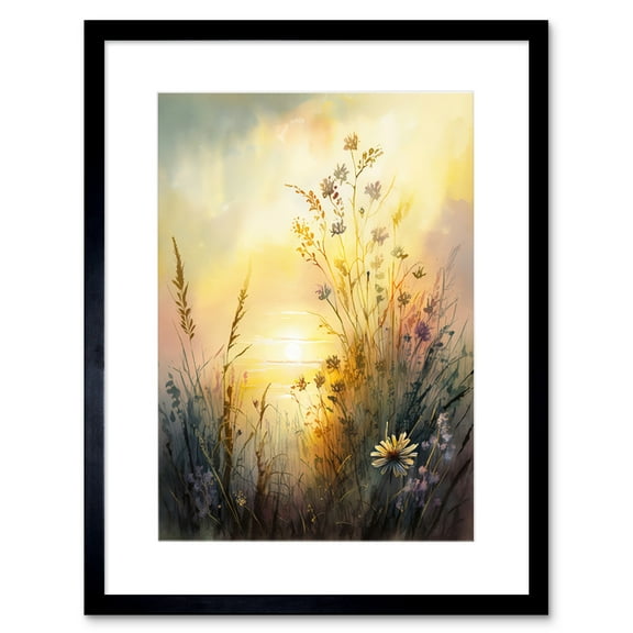 Wildflower by Lakeside on a Misty Morning Sunrise Modern Watercolour Painting Artwork Framed Wall Art Print 9X7 Inch