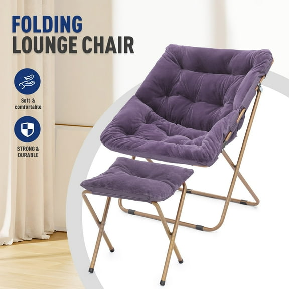 OSM Square Saucer Chair with Ottoman, Furry Cozy Seat for Teens Adults with Gold Metal Frame & Non-Slip Pad, Oversized Room Chair for Bedroom, Living Room & Dorm (Purple)