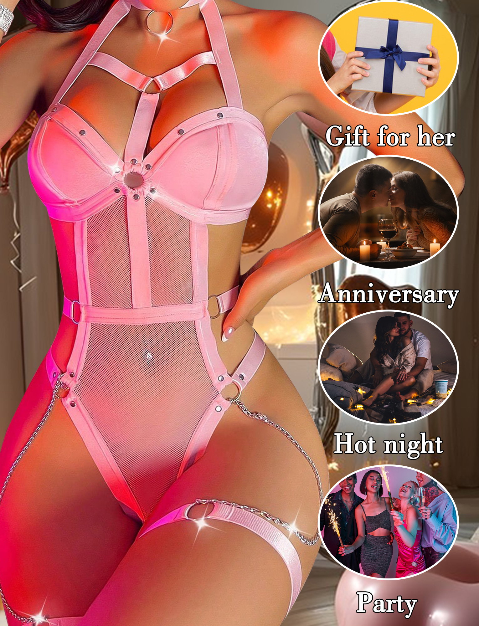 Ausing Womens Lingerie Set PU Leather Teddy Bodysuit Mesh Patchwork Crisscross Choker Chains Garter Belt One Piece Babydoll Wet Look Clubwear Pink L