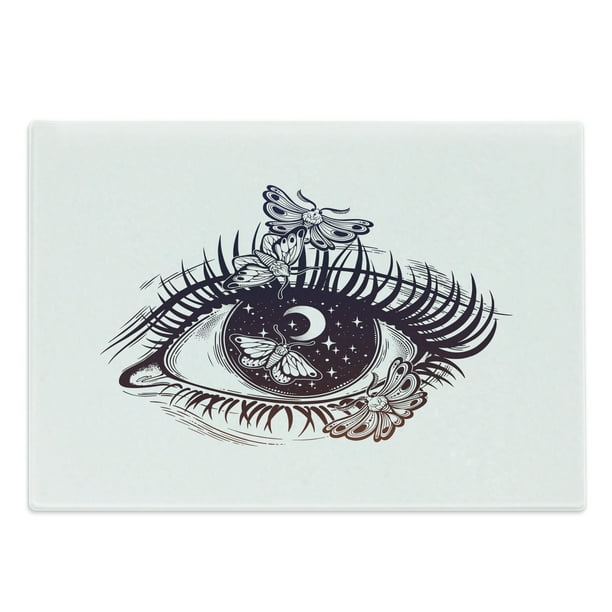 Abstract Cutting Board, Psychedelic Woman Eye with Butterfly Starry Moon Night Sky Surreal Tattoo, Decorative Tempered Glass Cutting and Serving Board, in 3 Sizes, by Ambesonne Abstract Cutting Board, Psychedelic Woman Eye with Butterfly Starry Moon Night Sky Surreal Tattoo, Decorative Tempered Glass Cutting and Serving Board, in 3 Sizes, by Ambesonne