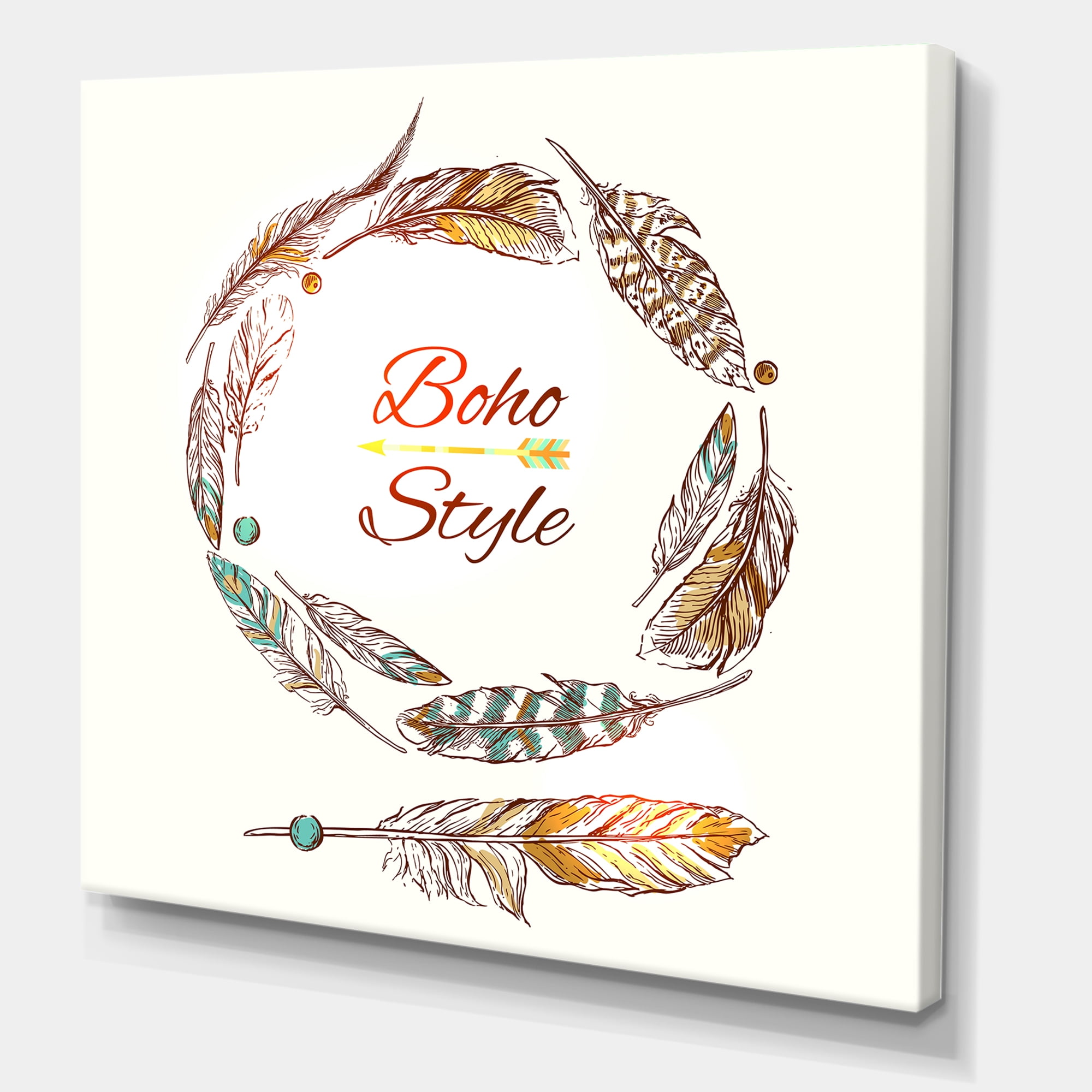 Designart ' Wreath Of Ethnic Beige Boho Feather ' Bohemian & Eclectic Canvas Wall Art Print