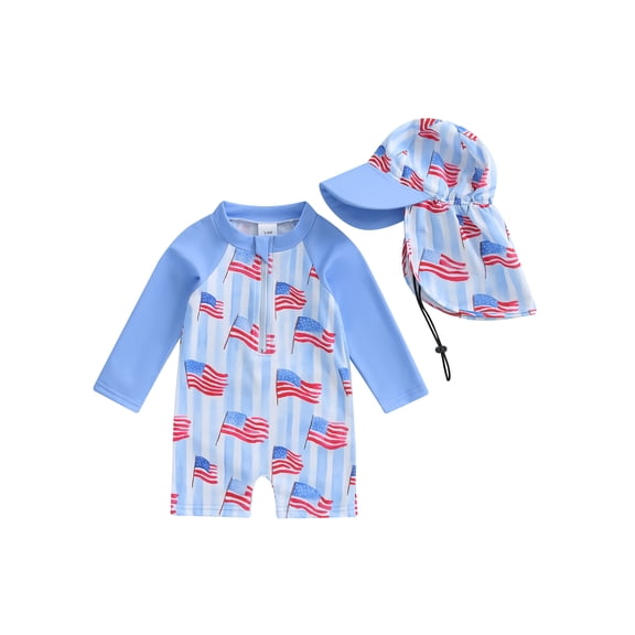 BemeyourBBs Toddler Baby Boy 4th of July One Piece Swimsuit with Sun Hat Newborn Infant Boy Bathing Suit Long Sleeve Rash Guard Patriotic Independent Day Swimwear Flag Print Zipper Summer Beachwear