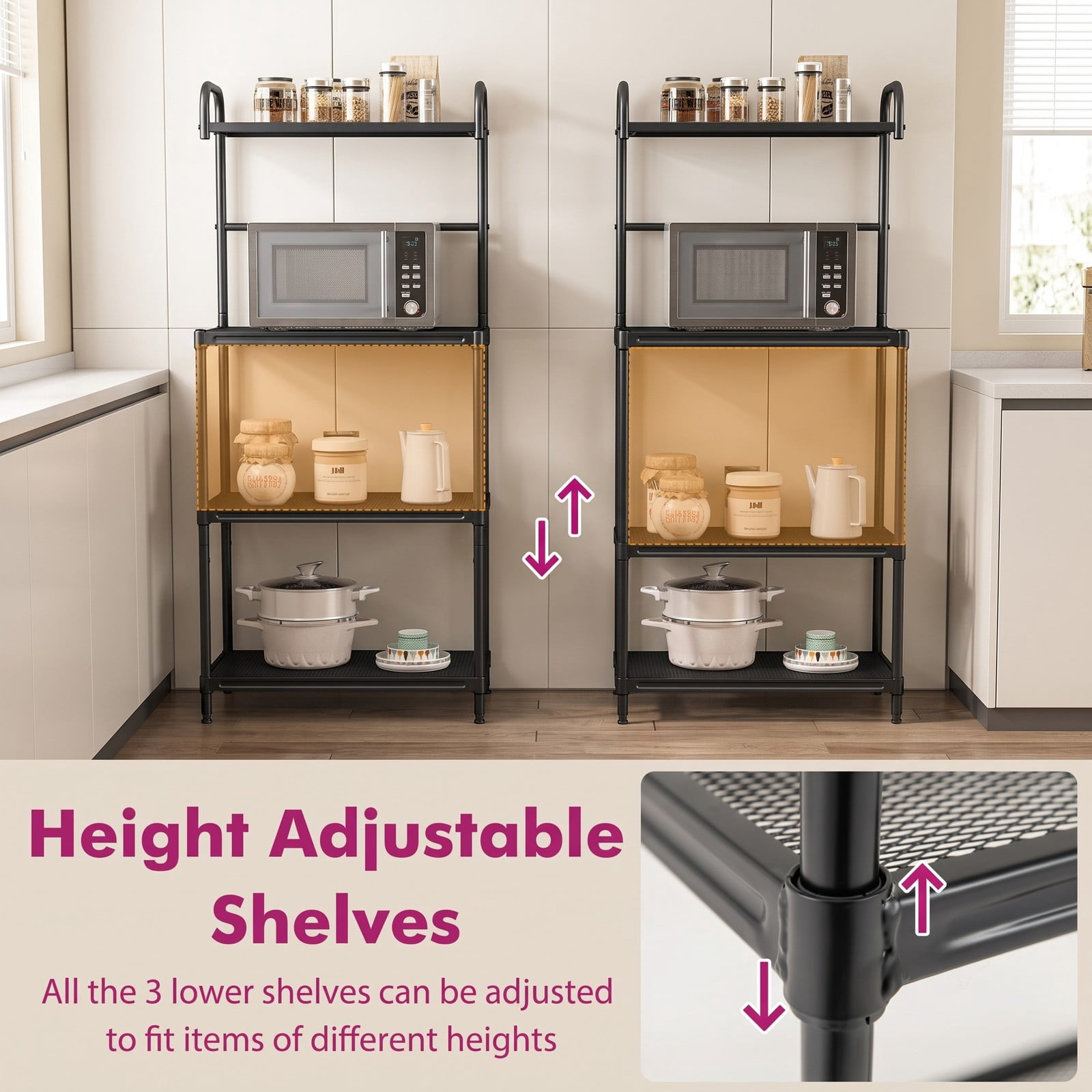 RUIE 4-Tier Kitchen Microwave Storage Rack, Freestanding Baker's Rack Organizer with Metal Shelves, Heavy-Duty Iron Utility Stand for Pantry Living Room, Black