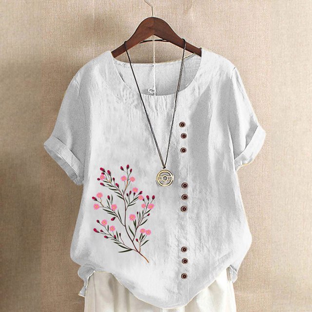 Lydiaunistar Summer Tops for Women Casual Linen Blouse, Plus Size Short Sleeve Button T-Shirt, Sizes S-5X, Spring, Summer, Fall