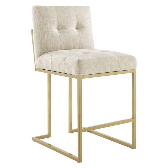 Beige Fabric Counter Stool, Luxe Glam Tufted Kitchen Counter Stool - Gold Base