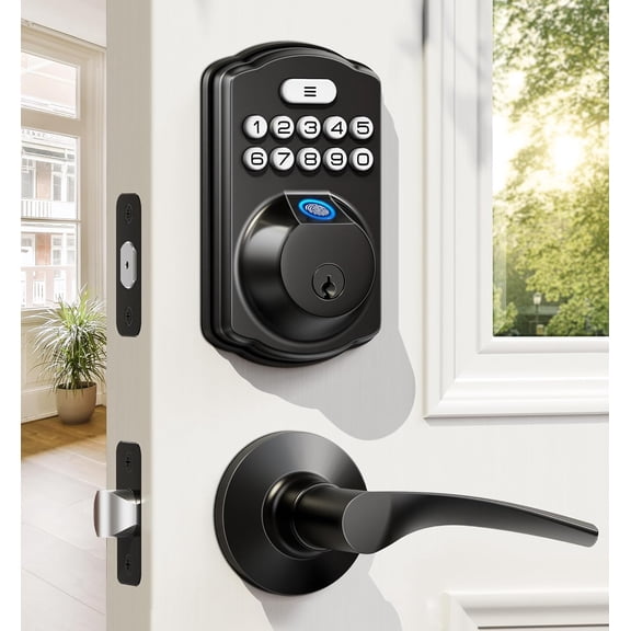 Veise KS02B Fingerprint Door Lock with 2 Lever Handles - Keyless Entry Door Lock, Electronic Keypad Deadbolt, Digital Smart Code & Front Handle Sets, Auto-Locking, Easy Installation, Matte Black