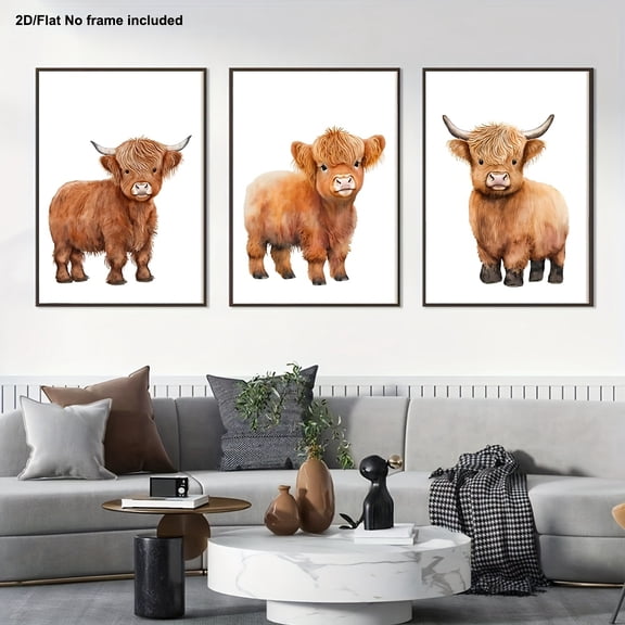 [2D Flat] 3pcs, Decorative Painting, 2D Flat Frameless Canvas Art, Watercolor Highland Cow Country Farm Nursery Decoration Set of 3 Frameless Farmhouse Calf Prints, Suitable for Home, Living Room, B