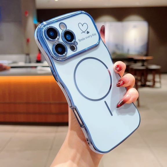 For iPhone 14 Plus Case Magnetic,for Women Girls Soft Rubber Cute Wave Frame Curly Shape Love Heart Luxury Plating Phone Case Compatible with MagSafe Shockproof Back Cover,Blue