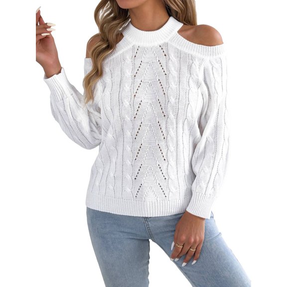 Women Cable Openwork Hollow Cut Out Cold Shoulder Crew Neck Long Sleeve Loose Pullover Sweater White S