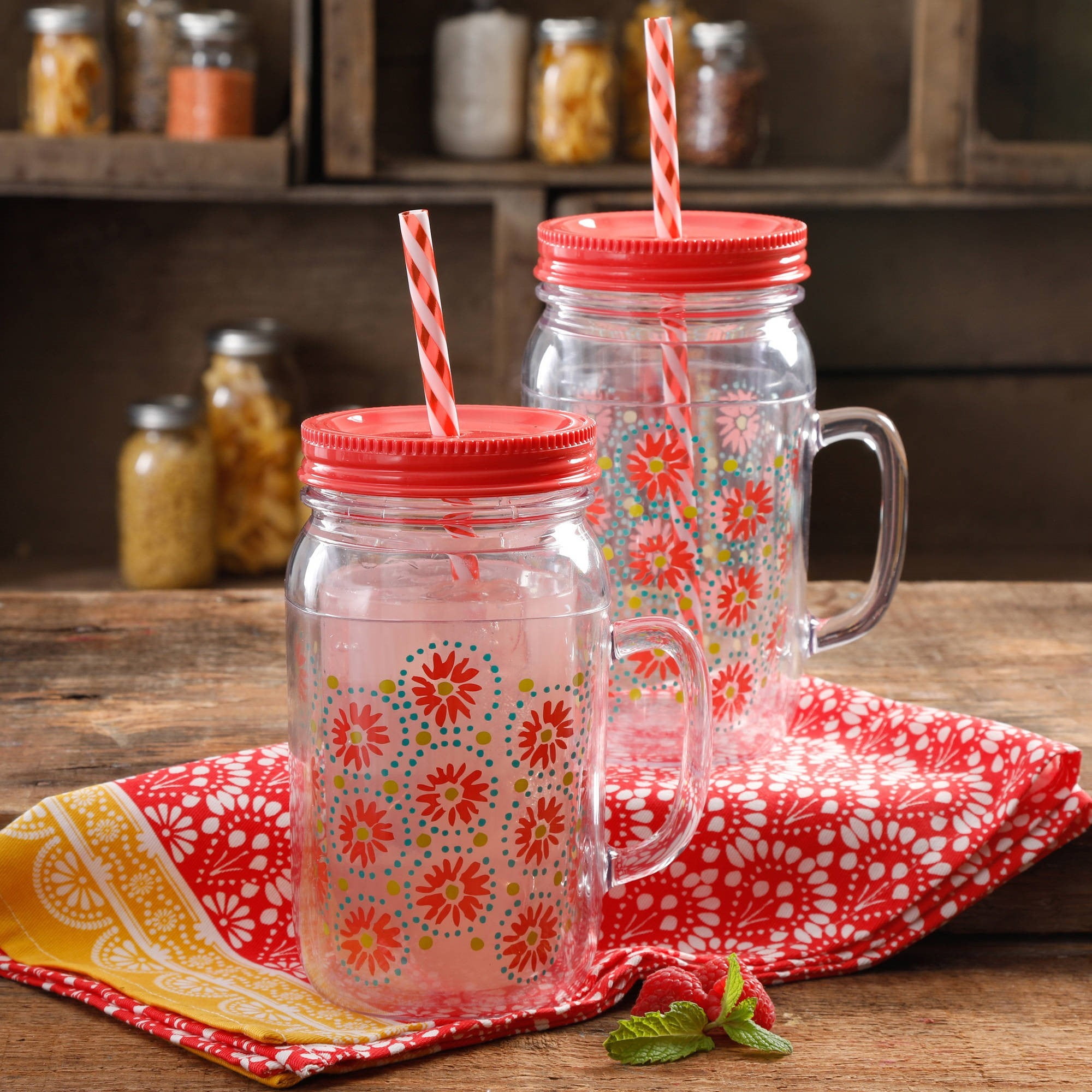 4-Pack The Pioneer Woman Simple Homemade Goodness 16-Ounce Mason Jar with Timeless Floral Lid and Straw