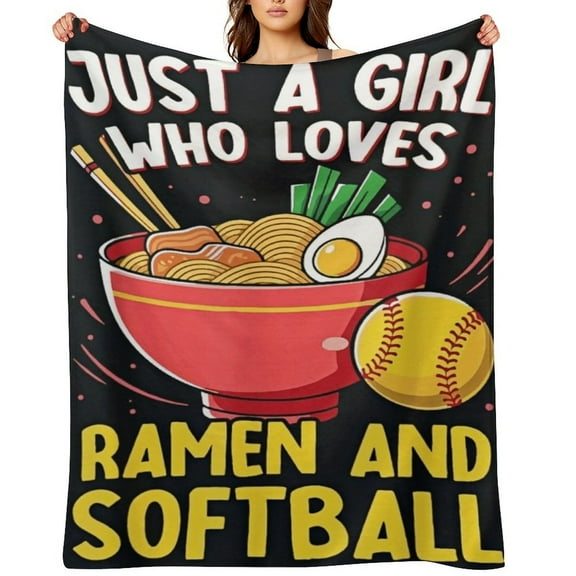Just A Girl Who Loves Ramen And Softball Flannel Throw Blanket Funny Decor Blanket Gifts For Adults Kids Girls Boys,Suitable For Bed And Couch