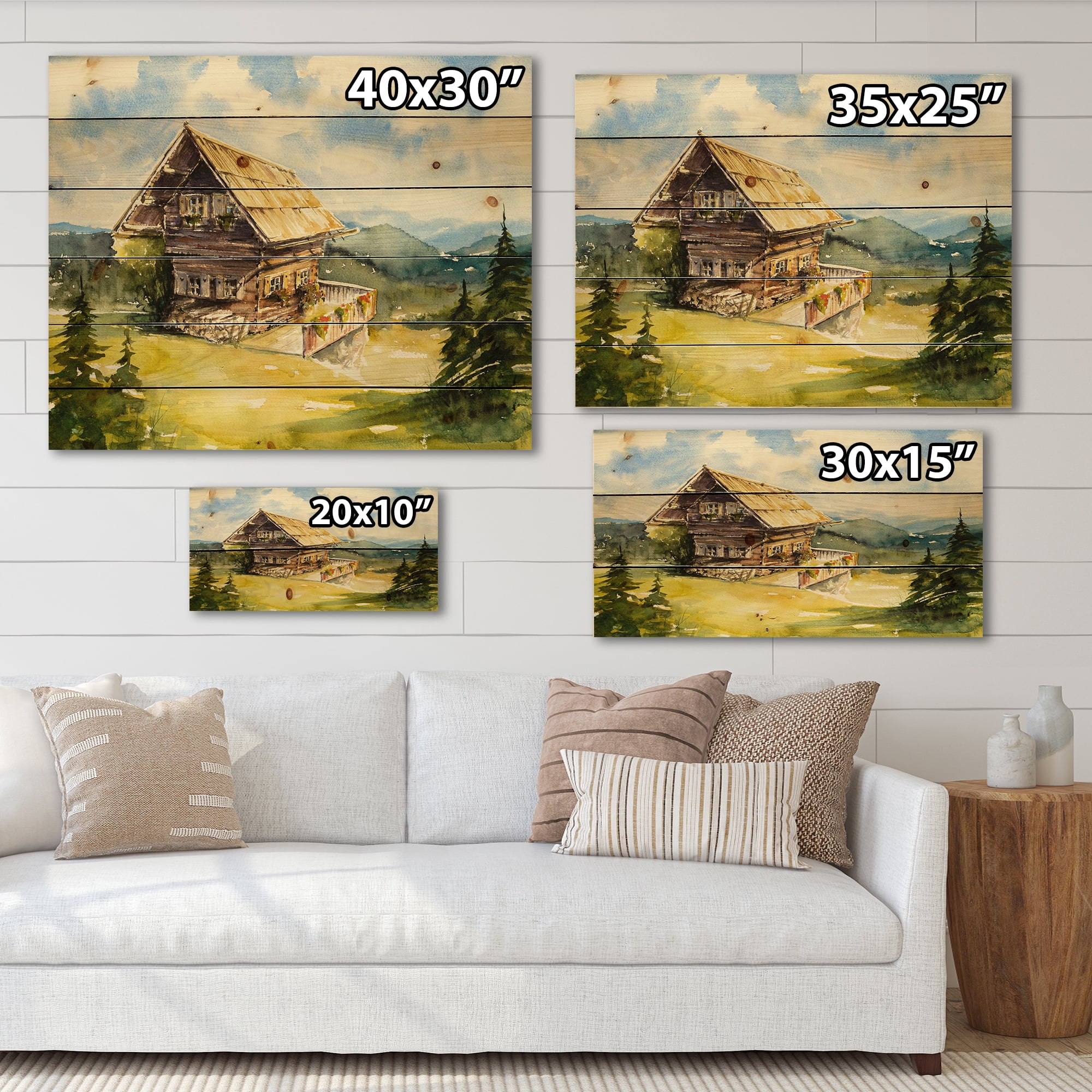 Designart 'Old Cottage At Summer With Peaceful Landscape' Traditional Print on Natural Pine Wood