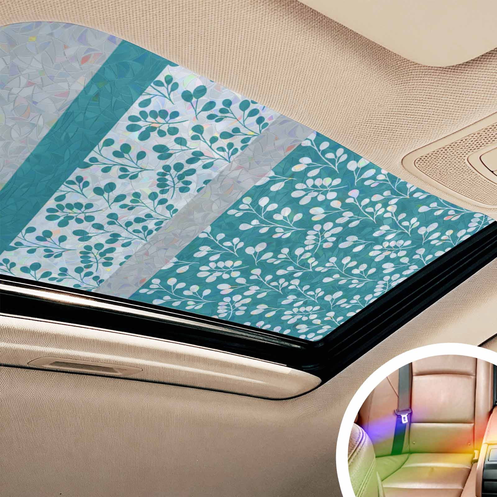 Teal Floral Window Privacy Film Stain Glass,Reusable Decorative Rainbow Window Film,Botanical Blossom Motif Boho Grey Stripes Static Cling Sun Blocking Stickers Decals Covers 17.7" x 39.3" (2pcs)