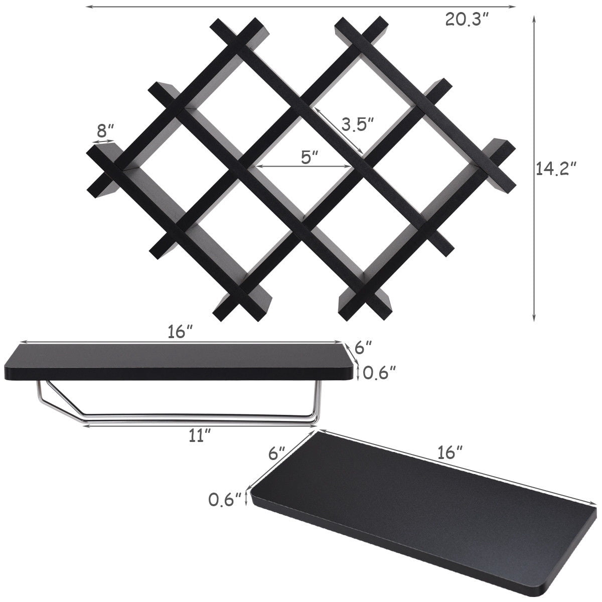 Gymax Set of 5 Wall Mount Wine Rack Set Storage Shelves Glass Holder Black