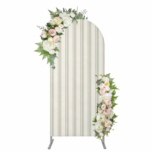 Sage Green Striped Arch Backdrop Cover, Spandex Fitted Wedding Arch Cover, Modern Farmhouse Green Stripes Round Top Stand Covers for Birthday Ceremony Bridal Shower Party Decor 6.6x3.3 Ft