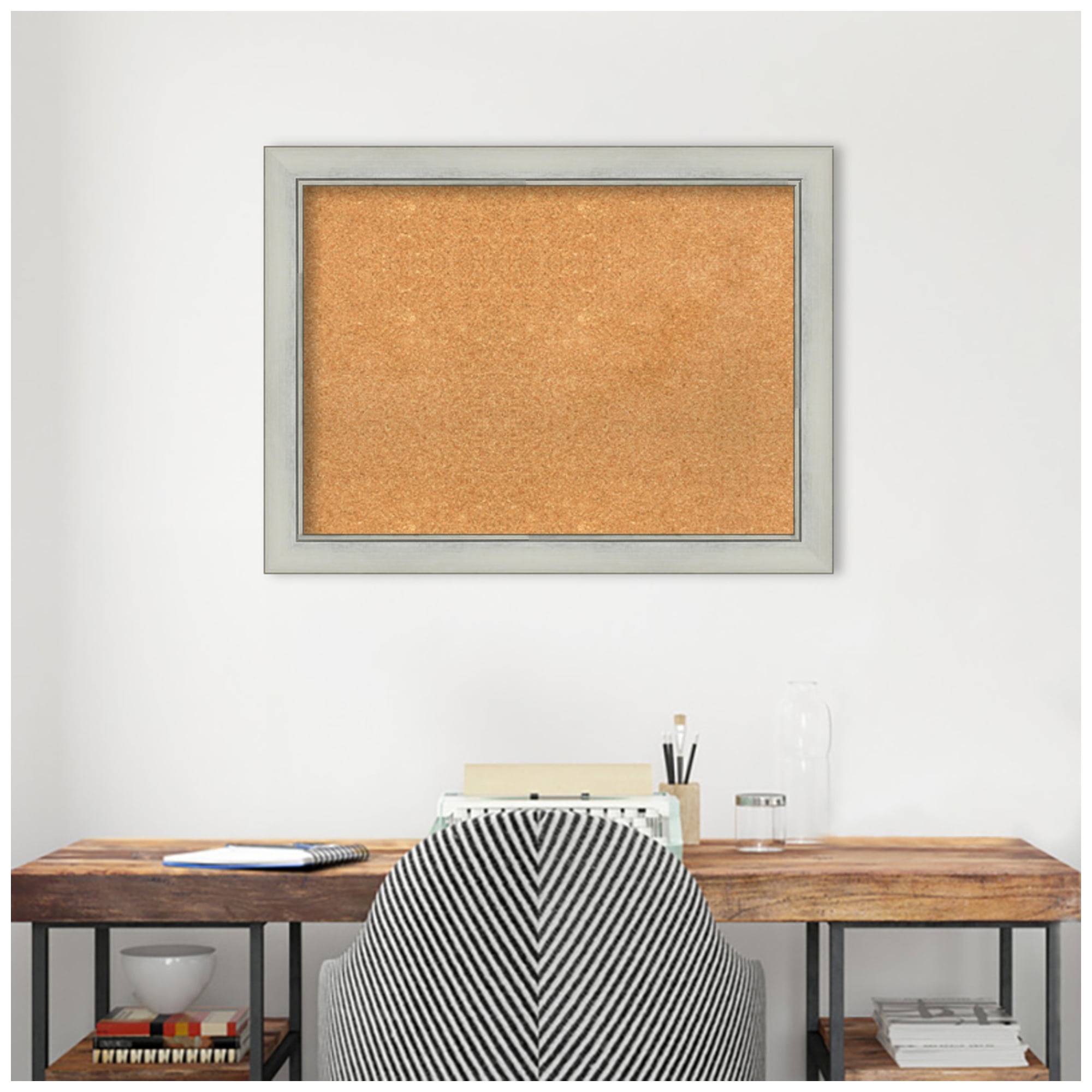 Amanti Art Natural Cork Board Framed Flair Silver Patina Bulletin Board 32 in. x 24 in.