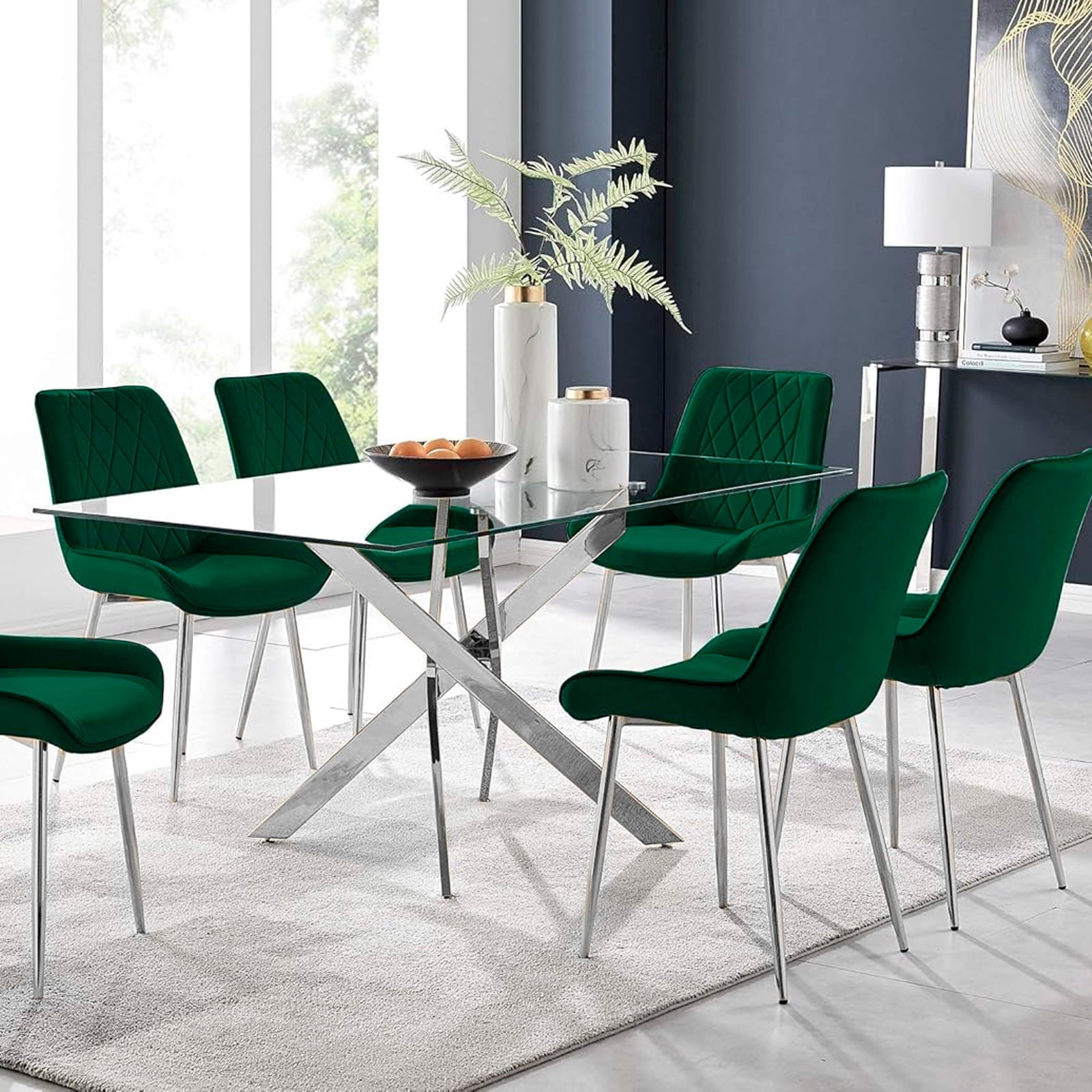 Heavenly Collection Silver Rectangular Tempered Glass Dining Table with Cross Metal Base for Dining Room or Kitchen