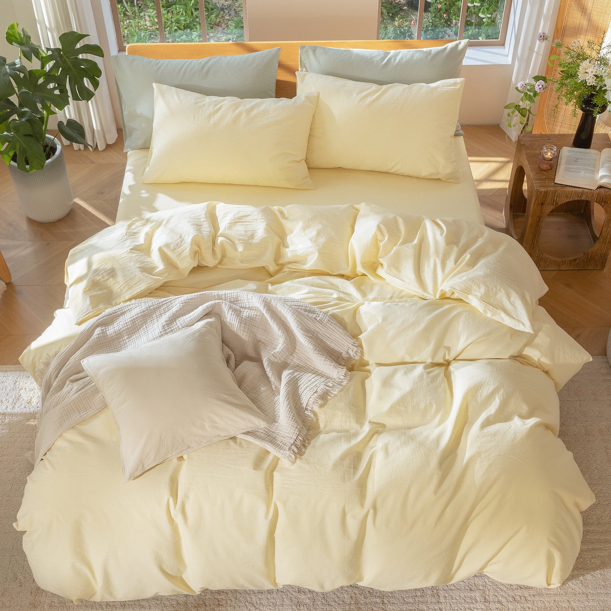 MooMee 100% Washed Cotton Duvet Cover Set Twin Linen Like Textured Breathable Lightweight 2-Piece (Butter Yellow, 68"x90")
