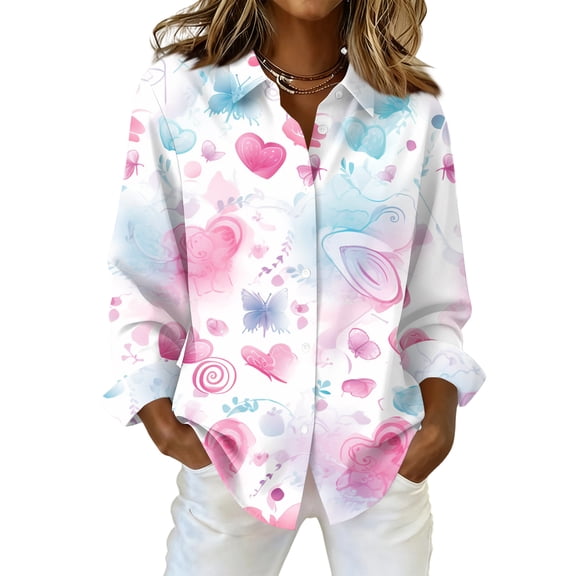 Fgvctg Womens Button Down Shirt Valentine's Day Long Sleeve Cotton Blouse Collared Oversized Date Day Love Heart Print Shirts Sweet Business Casual Outfits White 3XL