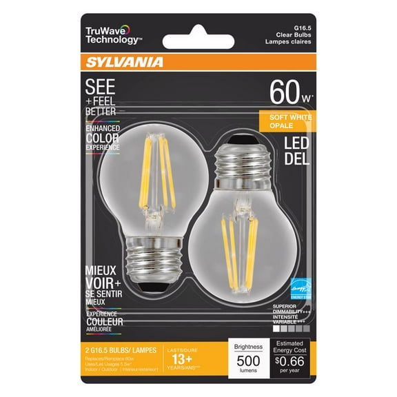 Sylvania Truwave G16.5 E26 (Medium) LED Bulb Soft White 60 Watt Equivalence 2 pk