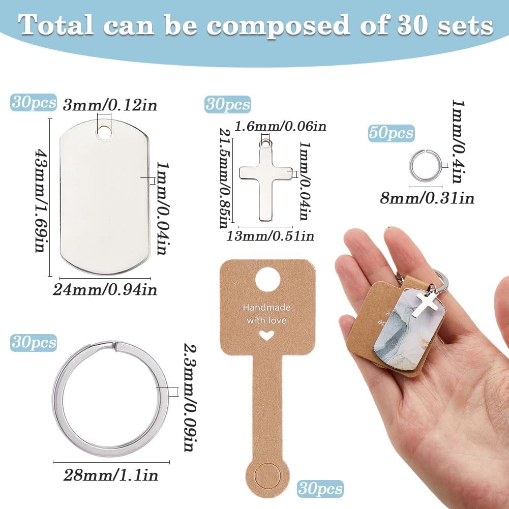 1 Box 30 Pack Engravable Keychains Blank Cross Metal Stamping Blank Tags Stainless Steel Round Key Ring Paper Display Cards Jump Rings Key Chains Making Kits for DIY Holiday Birthday Gift