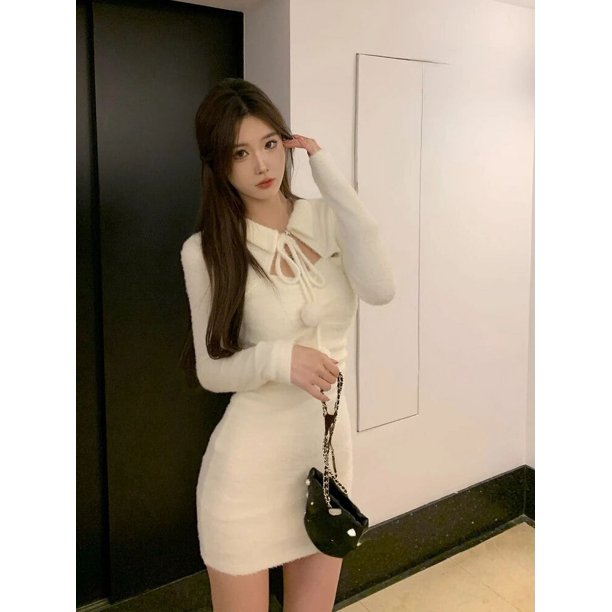 Vestido corto de fiesta de Color puro para mujer, ceñido minivestido de punto, elegante, de una pieza, moda coreana, diseño ajustado, primavera 2023