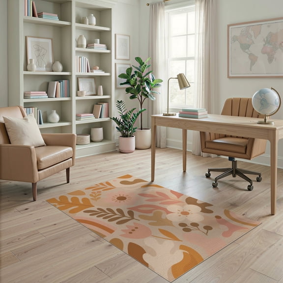 ODIKA 4'x6' Warm Earth Tones Floral Design Washable Area Rug Bohemian Botanical Pattern with Modern Flair Stain Resistant, Low Pile, Easy Care for Dorm Room, Small Living