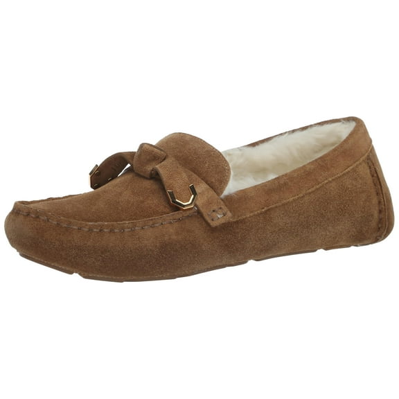 Cole Haan Women's Evelyn Bow Driver Loafer, Golden Toffee Suede/Faux Fur, 8.5
