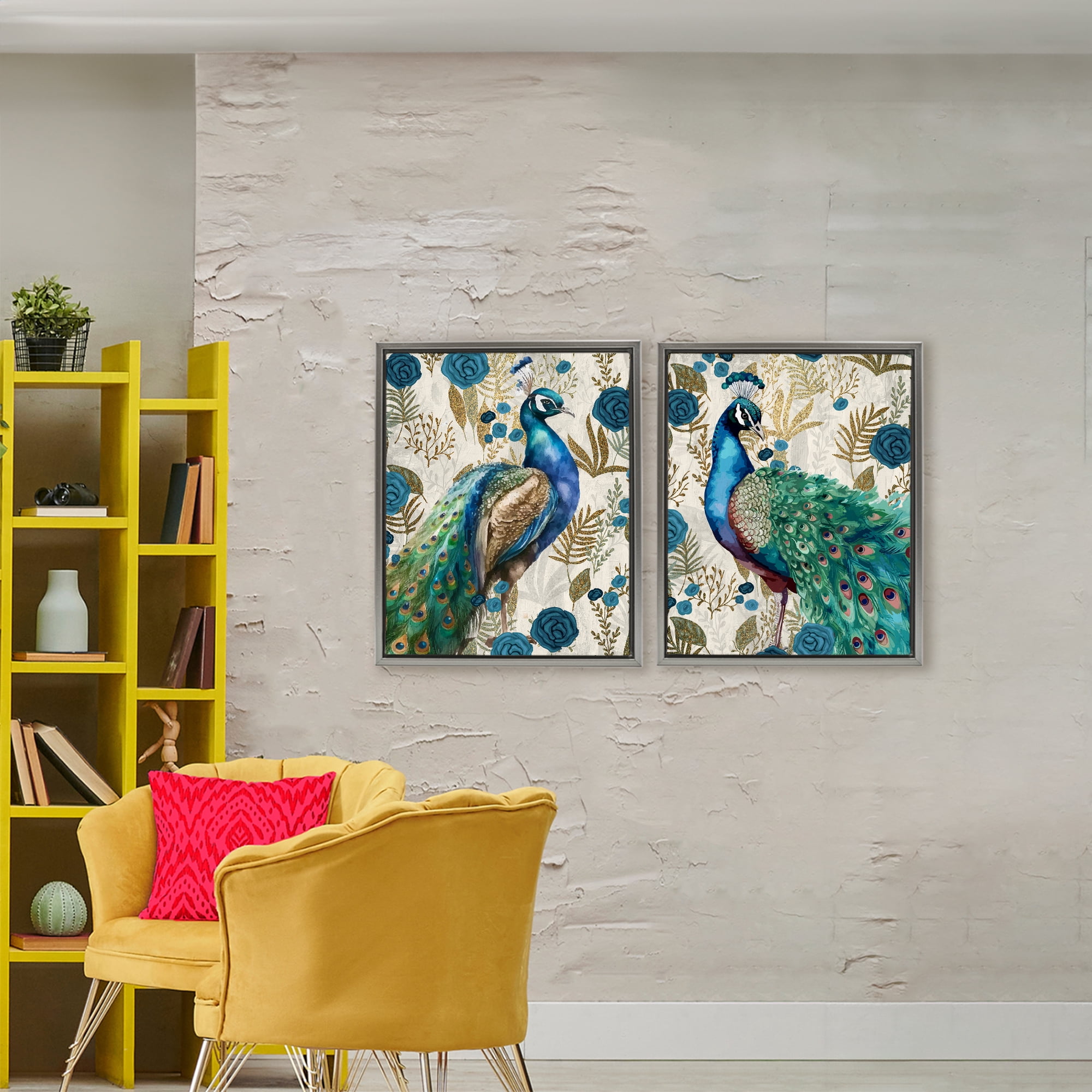 Stupell Industries Floral Peacock Pride 2 Piece Gray Framed Floater Canvas Set, design by Kim Allen