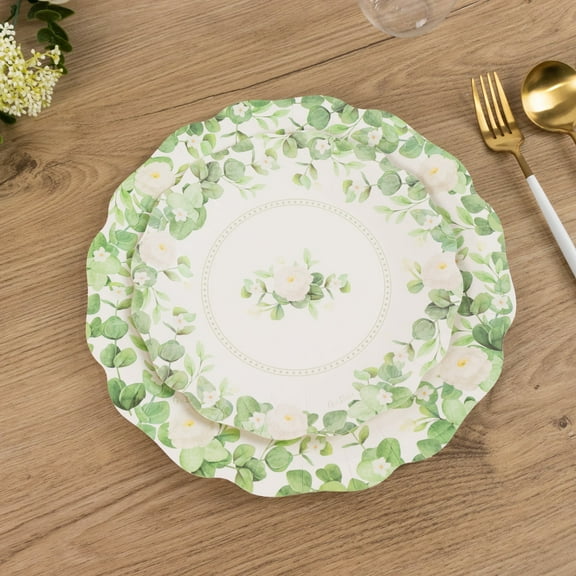 Efavormart 25 Pack White Floral Greenery Dessert Paper Plates with Scalloped Edge, Disposable Appetizer Salad Plates - 8"