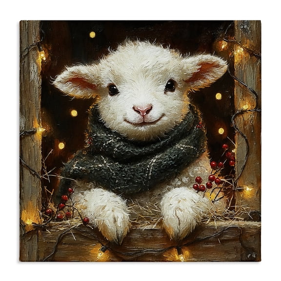 Stupell Industries Festive Lamb with Holiday Lights Animals Painting Wrapped Canvas Canvas Art Print Wall Art, 17 x 17